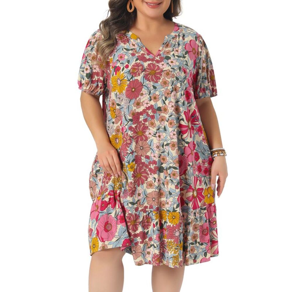 Women Plus Size V Neck Floral Short Sleeve Midi Boho Sundress Pink